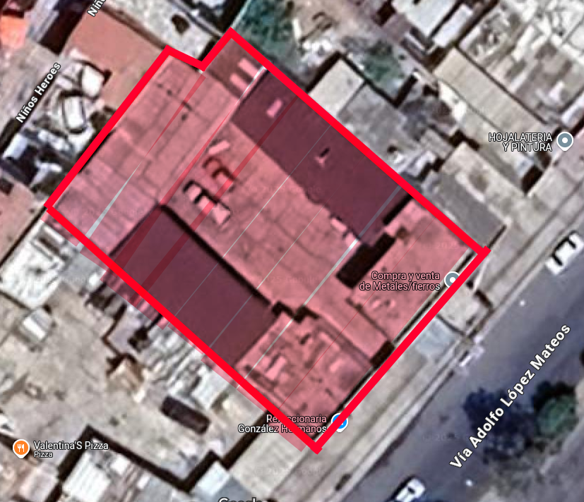 Vista satelital del terreno comercial en Faja de Oro, Ecatepec, con delimitación de lote